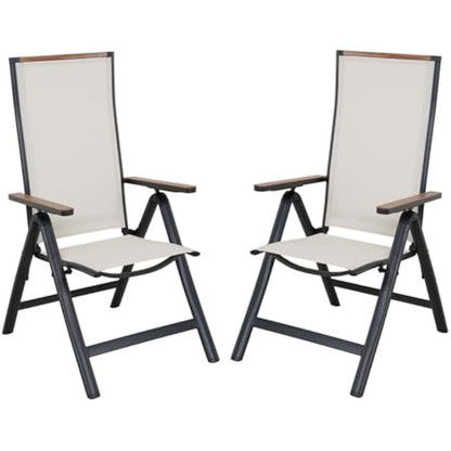 Grand patio folding chair, Aluminium garden chairs set of 2 with Armrest & Mesh breathable Seat, Adjustable 6 Position High Backrest, foldable dining chair for Outdoor, Garden, Dining room White