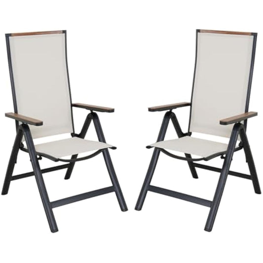 Grand patio folding chair, Aluminium garden chairs set of 2 with Armrest & Mesh breathable Seat, Adjustable 6 Position High Backrest, foldable dining chair for Outdoor, Garden, Dining room (White)