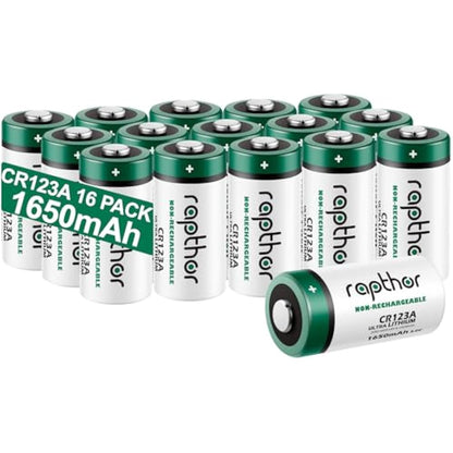 Rapthor CR123A 3V Lithium Battery 1650mAh High Power CR123 123a CR17345 Non-rechargeable Batteries with Built-in PTC for Flashlight Toys Alarm System Microphones (16 Pack)