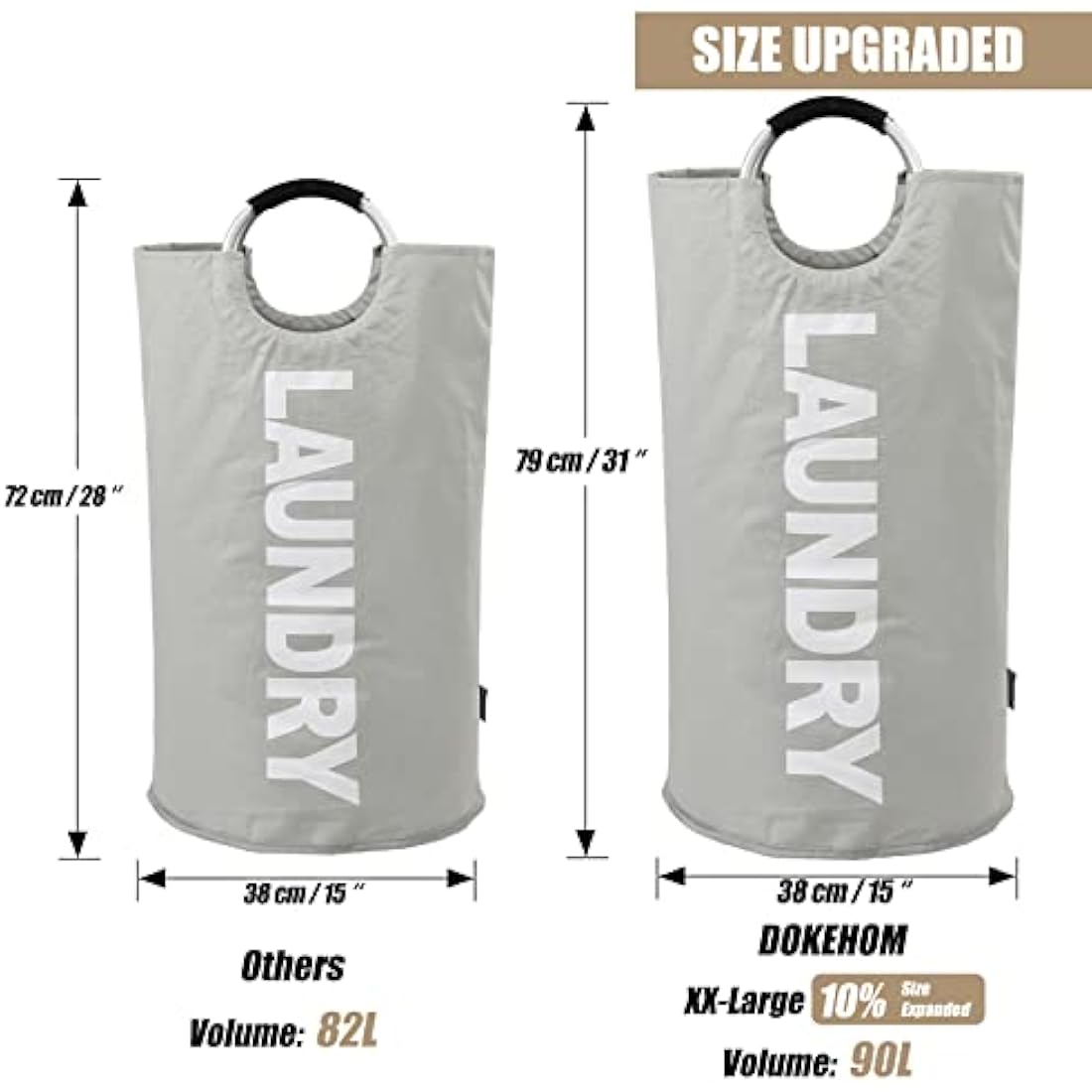 DOKEHOM 90L Large Laundry Basket, Collapsible Laundry Bag, Freestanding Tall Clothes Hamper, Foldable Washing Bin (Grey)