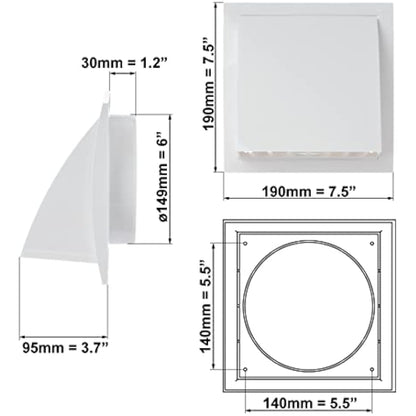 Ø 150mm / 6'' Cowled Duct Cover with Gravity Flap - Ventilation Grille with Rain and Wind Protection - External Air Vent Covers - ABS Plastic White