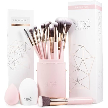 Niré Beauty Pink Makeup Brushes - 15-piece Award Winning Pink Makeup Brush Set with Case, Blending Sponge, Brush Cleaner, Guide, Gift Box