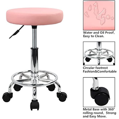 KKTONER PU Leather Round Rolling Stool with Foot Rest Swivel Height Adjustment Spa Drafting Salon Tattoo Work Office Massage Stools Task Chair Small (Pink)