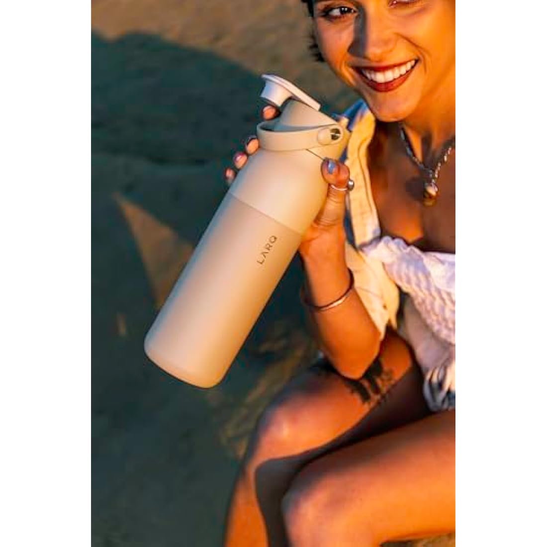 LARQ Swig Top 23oz - Insulated Stainless Steel Water Bottle with Built-in Silicone Handle | Thermos, BPA Free | Reusable Bottle for Sports, Gym, and Travel, Mojave Dune