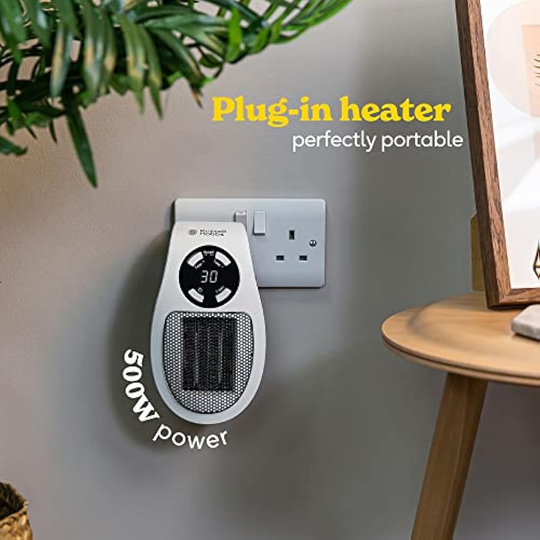 Russell Hobbs RHPH2001 500W Ceramic Plug Heater, Adjustable thermostat, 12 Hour Timer & LED Display, 2 Fan Speeds, 2 Year Guarantee , White