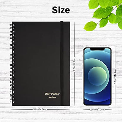 Daily Planner Undated, Asten to Do List Notebook Hourly Schedules Spiral Appointment Planner for Men and Women,PVC Hardcover,Elastic Closure, Inner Pocket 14.7 x 21.2cm (Black)