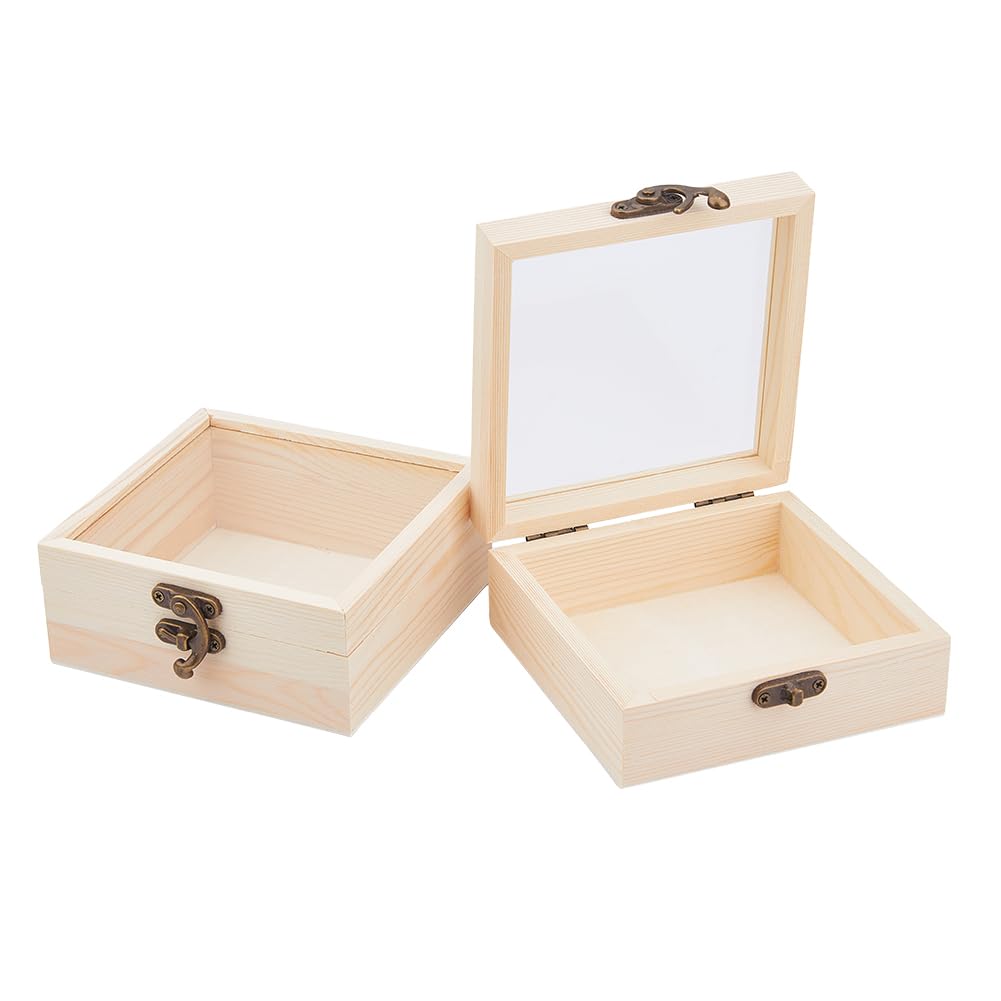DICOSMETIC 2pcs Wooden Box with Glass Lid Small Wooden Box with Clear Lid Unfinished Wood Gift Boxes with Metal Clasp for Jewelry Storage Gift