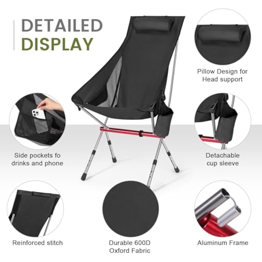 OKYUK New Foldable Camping Chair-High Back Support, 2 Storage Pouches, Adjustable Height, Lightweight Carry Bag – Perfect for Outdoor Adventures, Hiking, Beach Lounging, and Fishing Trips(Black)