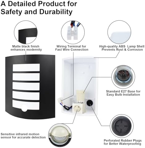 Wondlumi Outdoor Wall Lights Mains Powered PIR Motion Sensor Outside Wall Light Black IP44 Waterproof for Front Door, Porch, Incl. 12W E27 Bulbs Cool White 6000K
