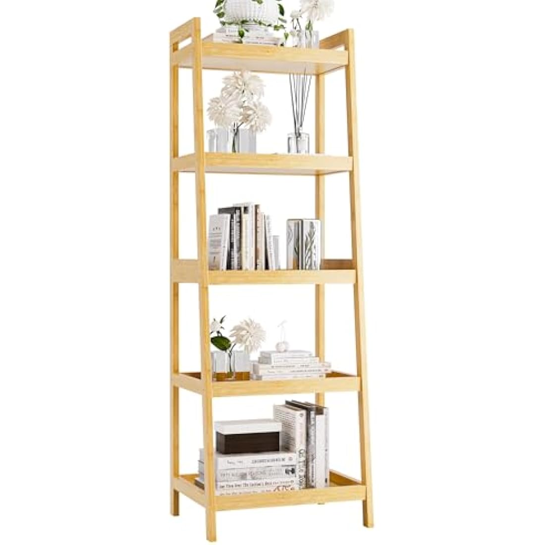 vovala Bookshelf, 5 Tier Ladder Bookcase with Bamboo Frame, Freestanding Tall Narrow Display Plant Shelf for Living Room, Kitchen, Bedroom, Balcony, Natural