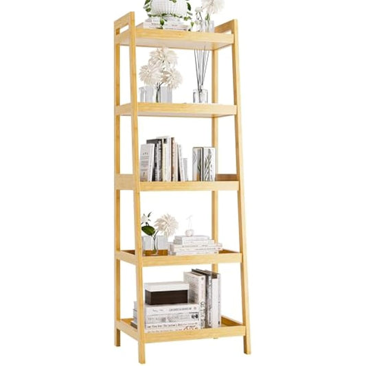 vovala Bookshelf, 5 Tier Ladder Bookcase with Bamboo Frame, Freestanding Tall Narrow Display Plant Shelf for Living Room, Kitchen, Bedroom, Balcony, Natural