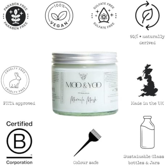 Moo & Yoo Miracle Hair Mask - Marula Oil & Wheat Protein - Hair Masks for Dry Damaged Hair - Vegan & Cruelty Free Hair Treatment - 250ml Recyclable Glass Jar