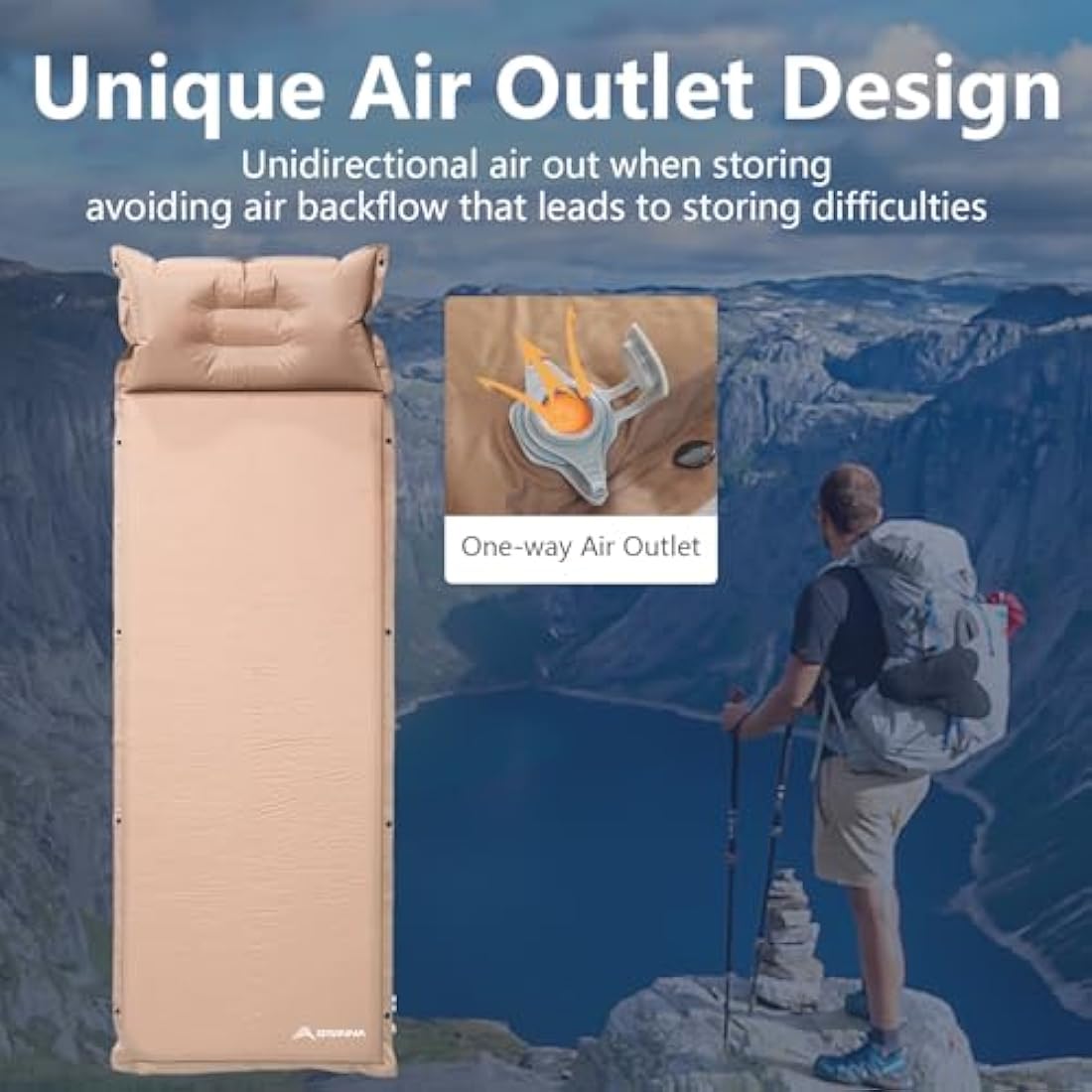 BISINNA Self-Inflating Camping Mat with Air Pillow – 3cm/5cm Thick, Snap-Buckle Design, Khaki/Olive Green, Compact & Lightweight