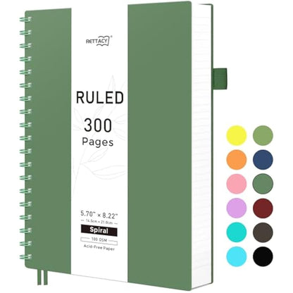 RETTACY A5 Notebook, Notepad, Wirebound Spiral Notebooks 300Pages /150 Sheets for Writing,100gsm College-Ruled Paper, Retro PVC Cover, for Women Men Work Office School,14.5 x 21cm - Dark green