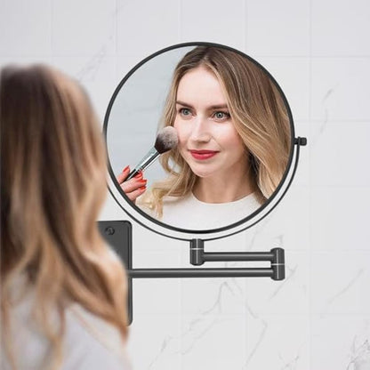 AumVum 8 inch Makeup Mirror Wall Mounted, 1X/10X Double-Sided Wall Mount Magnifying Bathroom Shaving Mirror with Extendable Arm, 360° Swivel for Bathroom Vanity and Makeup, Matte Black（No Light）