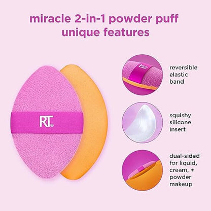 Real Techniques Miracle 2-In-1 Powder Puff, Dual-Sided, Full-Size Makeup Blending Puff, Reversible Elastic Band, Precision Tip Makeup Sponge and Powder Puff, For Liquid, Cream and Powder, 1 Count