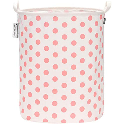 Sea Team 19.7 Inch Large Sized Waterproof Coating Ramie Cotton Fabric Folding Laundry Hamper Bucket Cylindric Burlap Canvas Storage Basket with Stylish Pink Dot Design