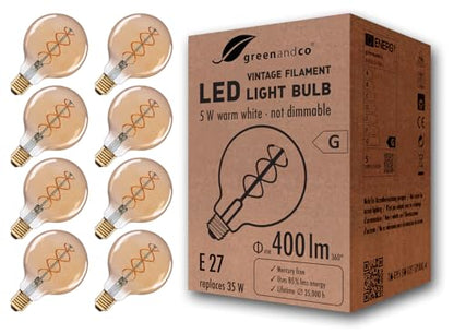 greenandco E27 G95 LED Vintage Filament Bulb 5W Replaces 35W 400lm 2000K Extra Warm White 360 230V, no Flicker, not dimmable, 8-Pack