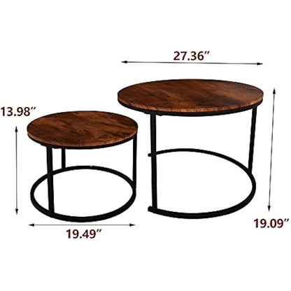 Round Nesting Coffee Table Modern Nesting Side Set of 2 End Table for Living Room,Round Wooden Accent Coffee Table with Solid Powder-Coated Metal Frame, Rustic Brown/Black