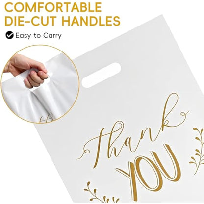 100 Pack Thank You Carrier Bags - 30x38cm Merchandise Retail Plastic Carrier Bags with Handles for Shopping, Gifts, Boutique, Stores, Business, Market Stall, Trade Shows, Wholesale (Black+ White）