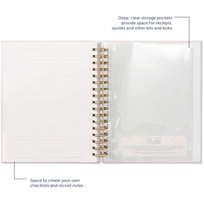 Busy B Wedding Organiser - Beautiful pink and gold spiral-bound wedding organiser with four tabbed sections, checklists, notes and storage pockets