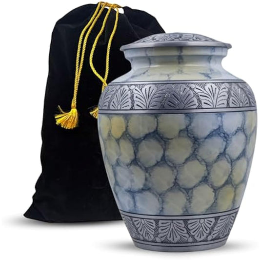 Silver Engraved Adult Cremation Urn for Human Ashes - Handcrafted Funeral Memorial Large Burial Urn (7.5" x 7.5" x 9.5"- 200lbs or 91kg, Cloud White) - Bag Included