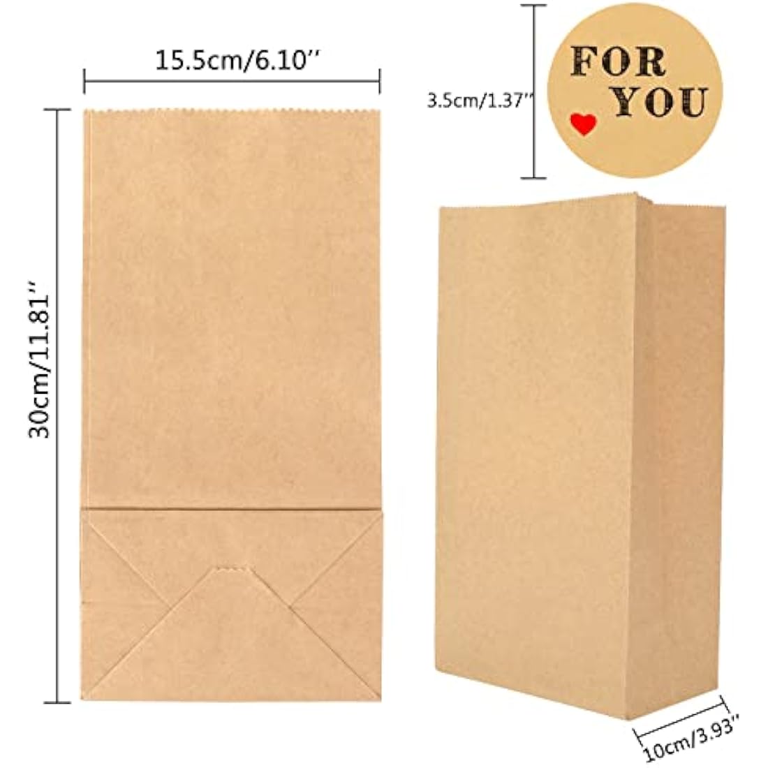 G2PLUS 50 Large Brown Paper Bags - 15.5x10x30 CM Kraft Candy Favor Bags with Stickers for Snack, Birthday, Wedding and Easter Xmas Party