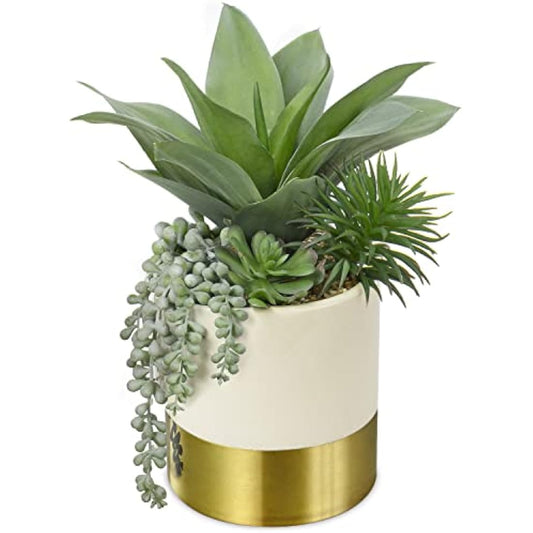 Hollyone 30CM Artificial Succulent Plants, 12" Fake Maguey with Succulents in Gold Ceramic Pot, Decorative Faux Plant Potted Indoor for Home Decor, Living Room, Shelf, Table, Desk, Office Decorations