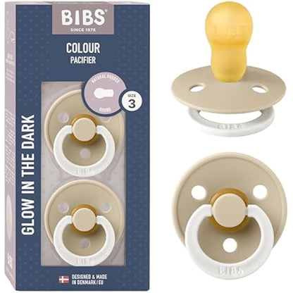 BIBS Colour Night Glow in The Dark Soother 2-Pack, BPA Free Dummy Pacifier, Round Nipple. Natural Rubber Latex, Made in Denmark, Size 3 (18+ Months), Vanilla Glow