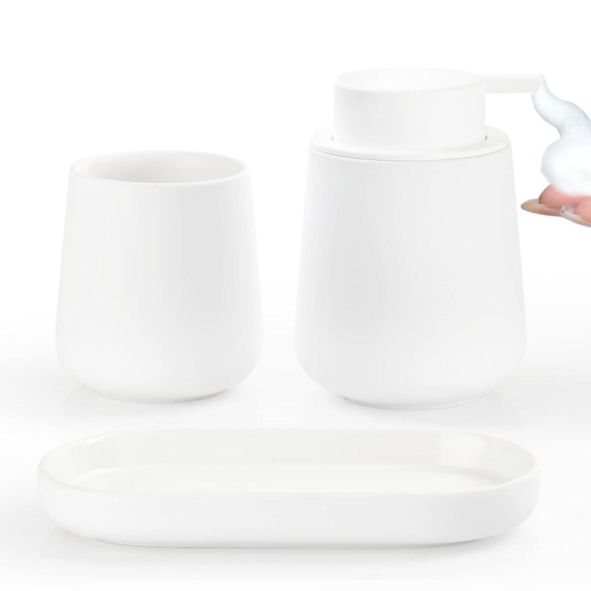 BosilunLife White Bathroom Accessory Set - 3 pcs Ceramic Bathroom Soap Dispenser Set Farmhouse Bathroom Counter Decor Set Accessories