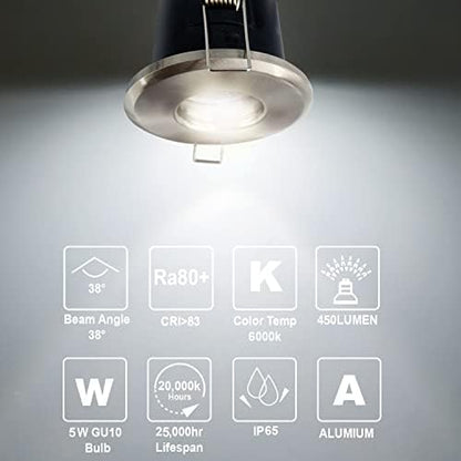 4XSweier 90 Min Fire Rated Downlight,5W 6000K Cool White Waterproof IP65 LED Recessed Ceiling Lights, 230V GU10 Die-Cast Aluminium Spotlight Satin Nickel,(Non-dimmable)