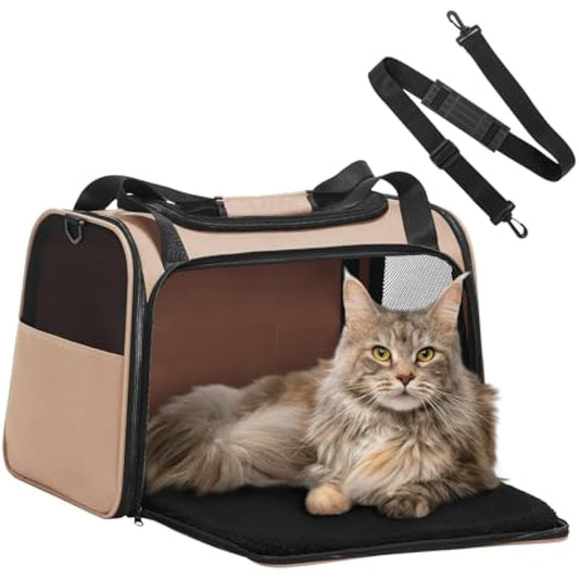 PETSFIT Dog Travel Carrier for Small Dogs with Extendable Fleece Pet Mat, Puppy Dog Carrier with Safety Leash for Pets Up to 25 Lbs (50 * 33 * 33CM, Khaki)
