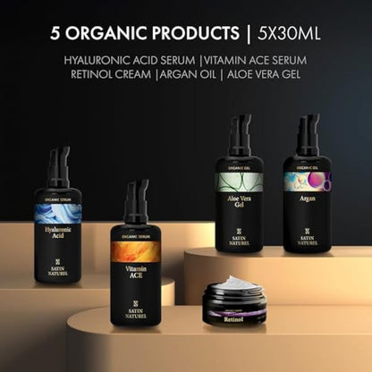 Satin Naturel Luxury Gift Set for Women – 5x30ml Skincare Bundle with Hyaluronic Acid Serum, Vitamin C Serum, Aloe Vera Gel, Argan Oil & Moisturiser – Skincare Set for Her in Premium Gift Box