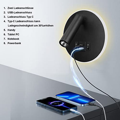 uksunvi LED Reading Lamp Wall Lamp USB Type-C Two Charge Mouth Switch Adjustable 12W LED Spotlight 3000K Wall Lamp Aluminum Bed Lamp Rotatable (Round
