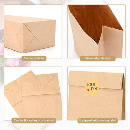G2PLUS 50 Brown Kraft Bags - 13x8x24 CM Medium, Candy Paper Bags with Stickers for Snack, Birthday, Wedding, Easter & Xmas Party
