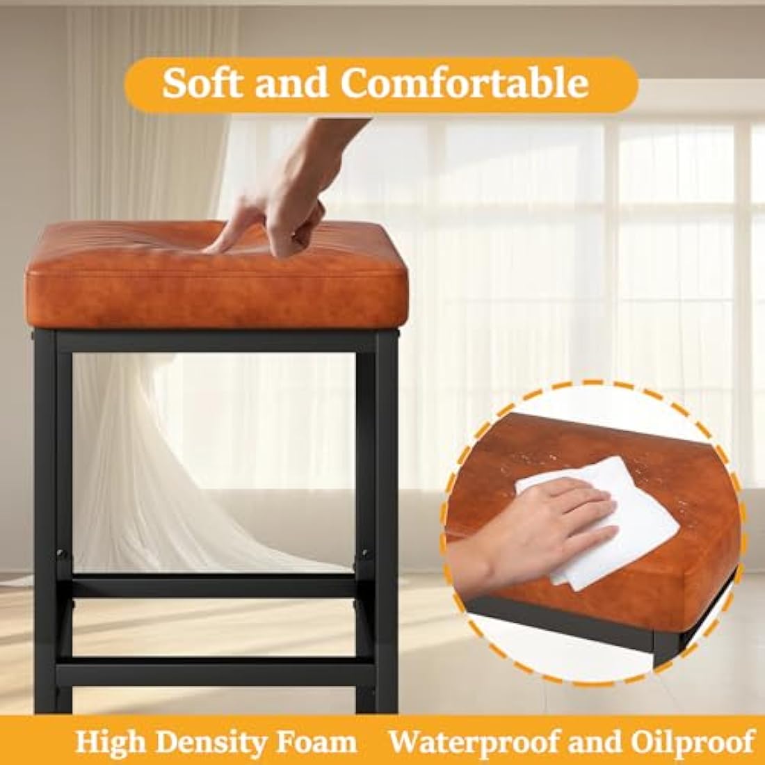 YMYNY Bar Stools, 66 cm Bar Stools Set of 2, Caramel Brown Breakfast Bar Stools, PU Leather Barstools, Bar Stool Chair with 6 cm Thick Cushion and Metal Base for Kitchen Island Counter, Pub, HBS513J
