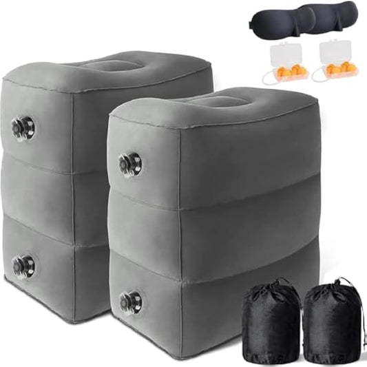 DAWNTREES Inflatable Foot Rest Pillow 2 Pack - Adjustable Height Travel Footrest for Airplane, Car, Office & Home - Portable Blow Up Foot Cushion with Easy-Carry Strap, Lightweight Ergonomic Support