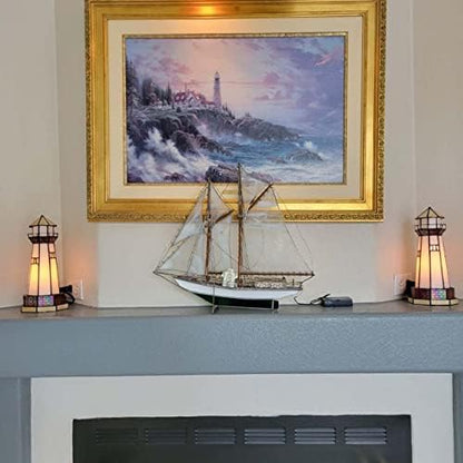 Bieye L30626 Lighthouse Tiffany Style Stained Glass Accent Table Lamp Night Light, 6" W x 12" H