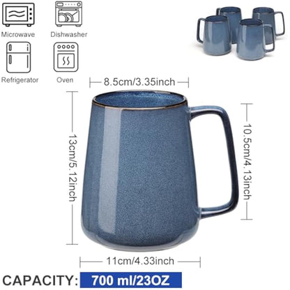 Ximoryn Set of 4 700ML Large Blue Ceramic Coffee Mugs with Big Handles - Extra Jumbo Tea Cup Mug for Office and Home, Gift and Present