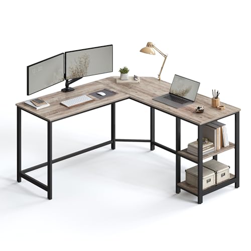 VASAGLE Computer Desk, L-Shaped Corner Desk, Gaming Desk, Workstation with 2 Storage Shelves for Home Office, Space-Saving, Easy to Assemble, Greige
