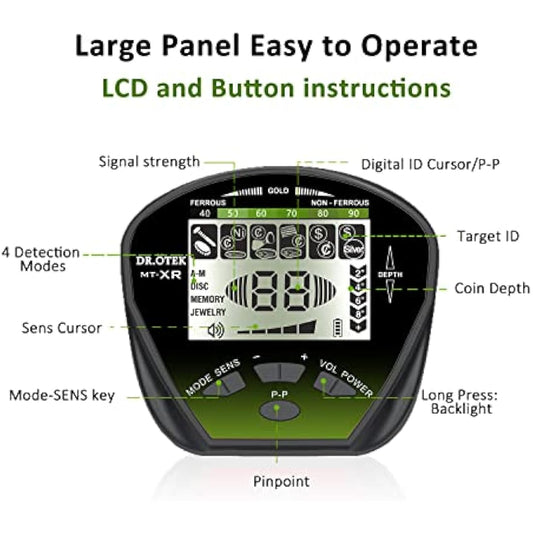 DR.ÖTEK Metal Detector for Adults Professional, Gold Metal Detector, Pinpoint & Exclusive Memory Mode, Higher Accuracy, IP68 Waterproof Coil, Big Backlit LCD Display, Advanced DSP Chip, Green