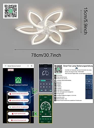 DIDADIDA Silent Ceiling Fan with Light, Ceiling Fan with Remote Control and Lighting APP dimmable Brightness 70W Creative Acrylic Flower Shape Ceiling lamp with Fan (Black)