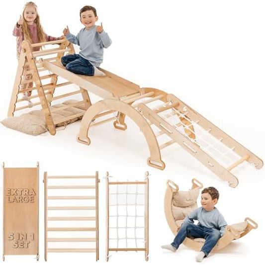 5-in-1 Indoor Climbing Frame for Toddlers - Wooden Triangle, Arch & Climbing Ramp & Net & Cushion, Montessori Climbing Frame, Kids Wooden Gym, Foldable Climbing Toys for Kids 1-5 Age