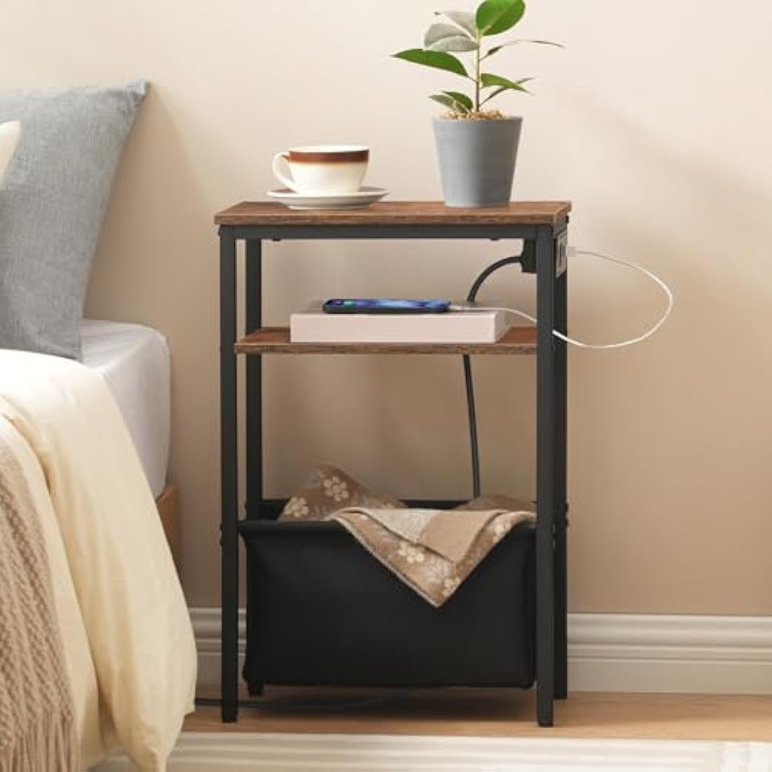 HOOBRO Narrow Side Table, Slim Side Table with Charging Station, USB Ports and Power Outlet, Bedside Table for Small Space, 40 x 20 x 60 cm, for Living Room, Rustic Brown and Black EBF125KBZ01
