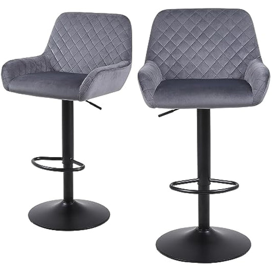 ralex-chair Bar Stools Set of 2, Height Adjustable Velvet Fabric Swivel Barstool Bar Chairs, Breakfast Dining Stools With Backrest and Armrest for Bar, Counter and Kitchen, Grey