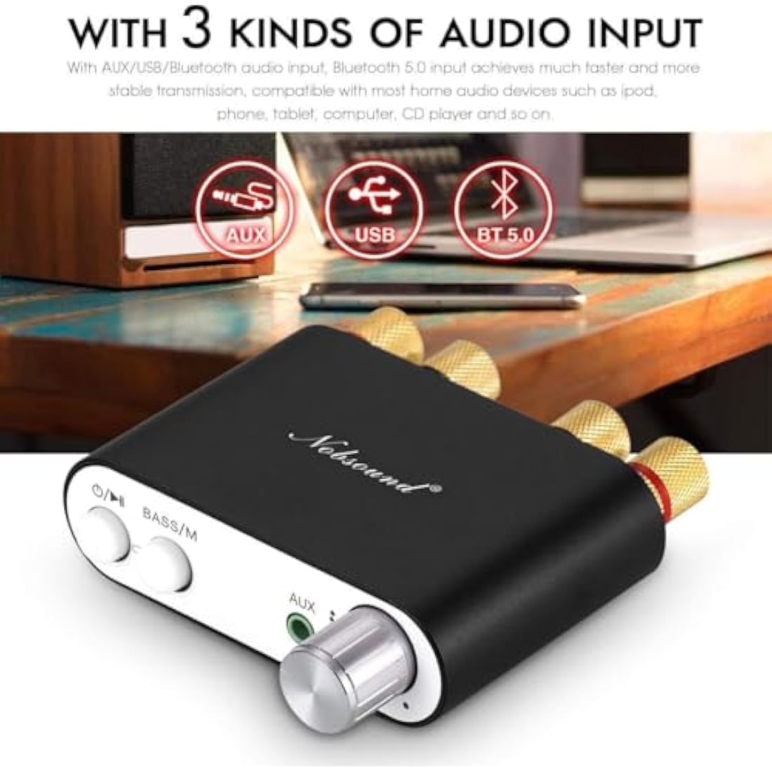 Nobsound NS-10G Bluetooth 5.0 2 Channel Power Amplifier HiFi Stereo Audio Mini Amp Wireless Receiver 50Wx2 for Home Speaker with USB & Bass Sound Effect (Black)