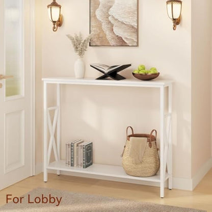 YMYNY Console Table, Industrial Entryway Table for Hallway, Narrow Sofa Table with Shelves, Metal Frame, Compact Display Table for Small Spaces, Living Room, 101×25×80.5CM White HST007W
