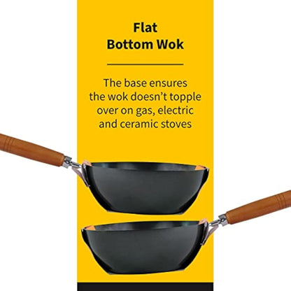 Ken Hom Carbon Steel Wok, 31cm, Classic, Non-Induction/Wooden Handle/Flat Base Pan, Includes 1 x Chinese Wok Pan, KH331001