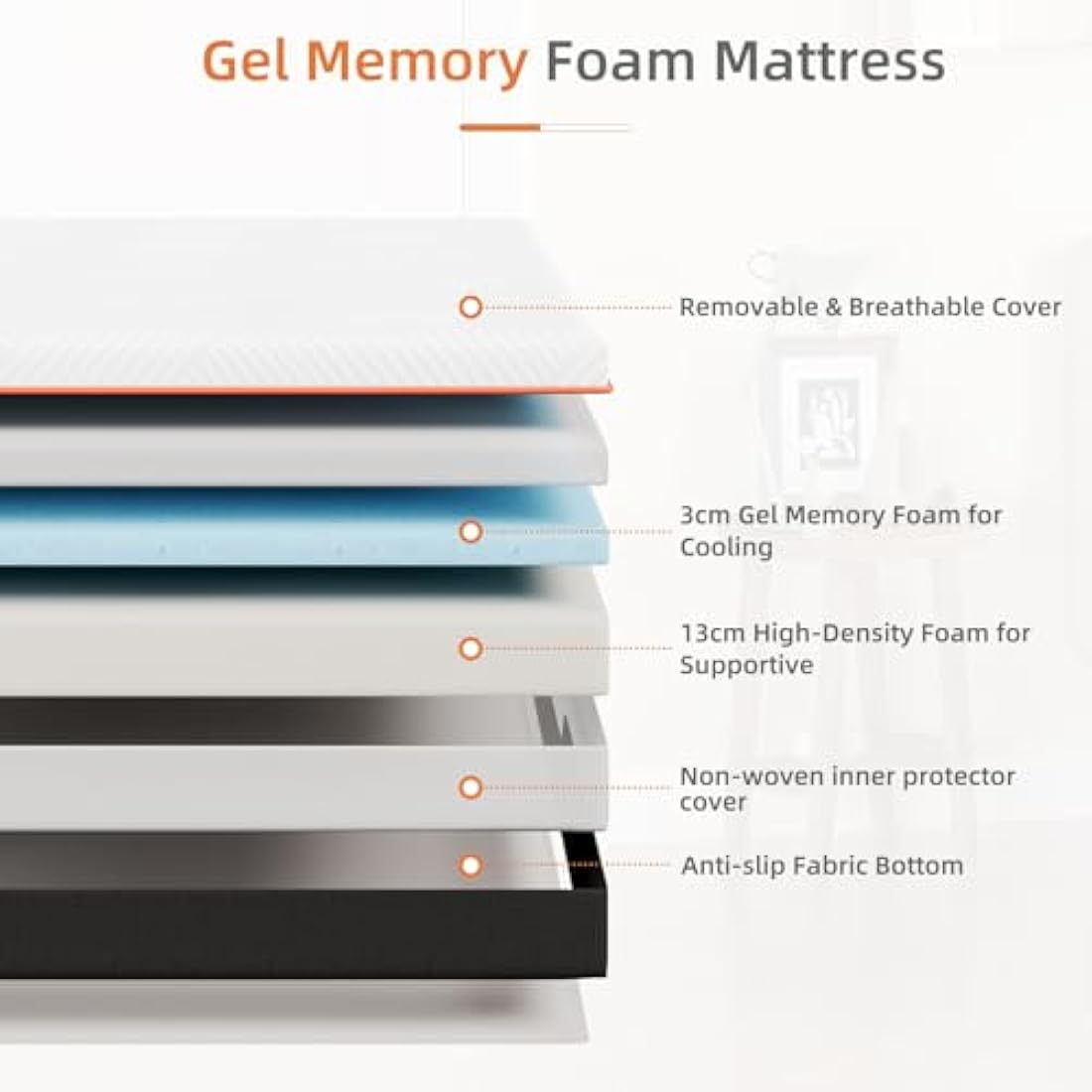 Vesgantti Small Double Mattress, 16CM Gel Memory Foam Small Double Mattress for Cool Sleep & Pressure Relief - Medium, 120x190x16CM, CertiPUR-US Certified