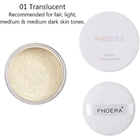AQUAPURITY PHOERA Loose Makeup Setting Matte Face Powder + Puff, Long Lasting Lightweight Foundation Make Up Fixer Beauty Blender Highlighter Palette - Ideal for Flash Photography (101- TRANSLUCENT)